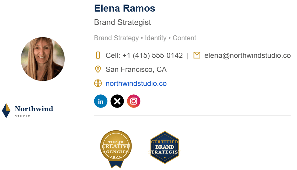 An email signature for Elena Ramos, Brand Strategist at Northwind Studio, built in Affix